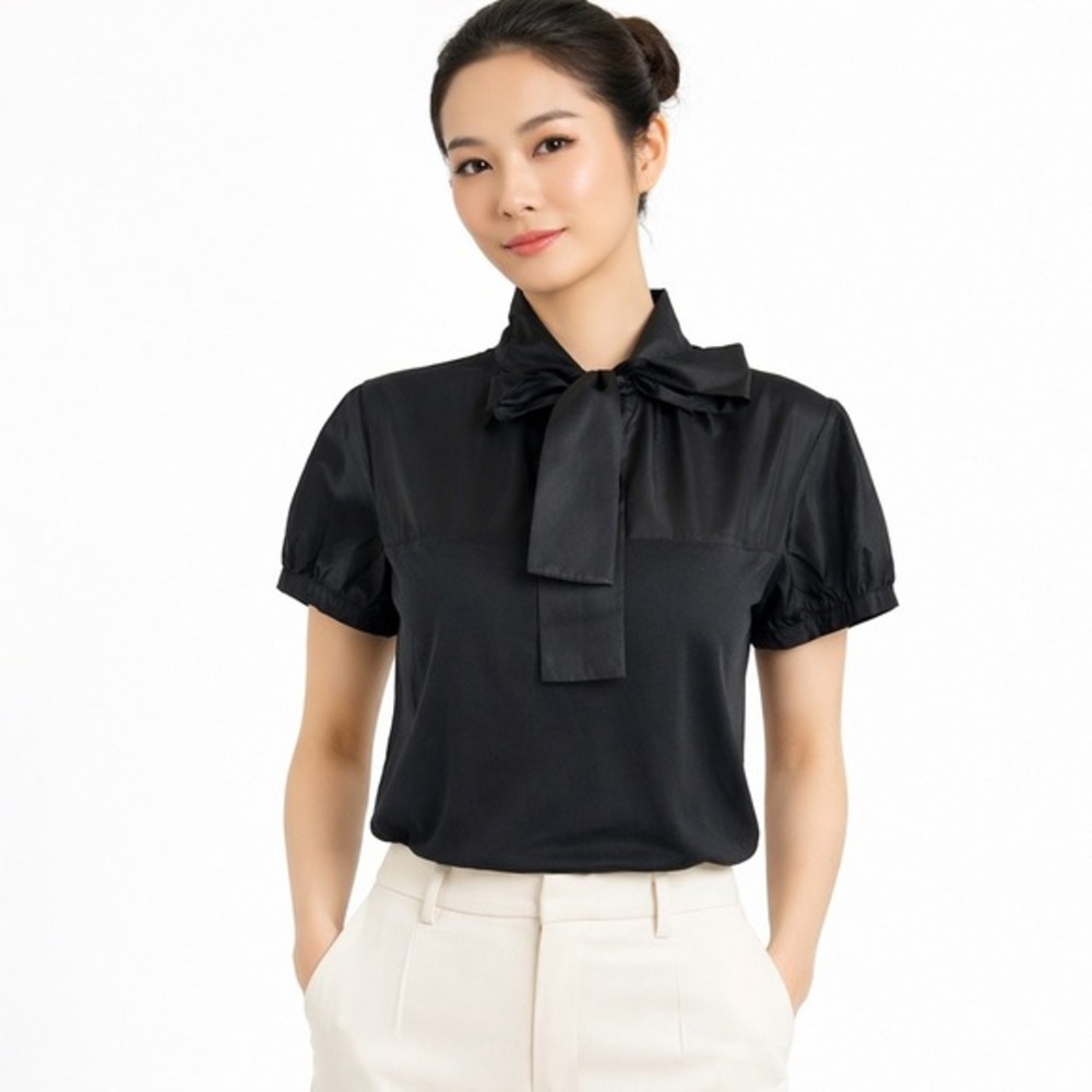 Liz Claiborne New York Black Bow Mixed Media Blouse Short Sleeve L Vintage 56-01